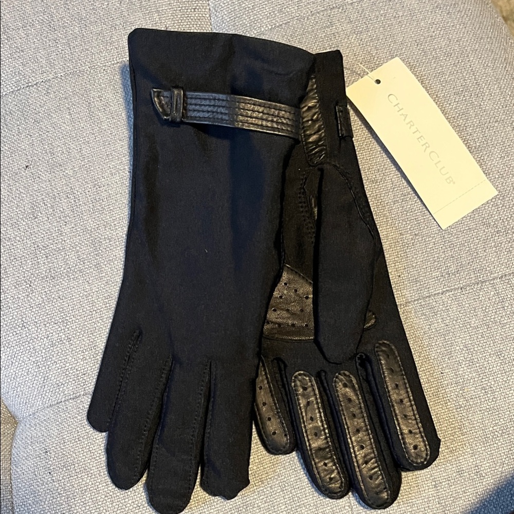 Charter Club Women's Black Stretch with Leather Palms Gloves